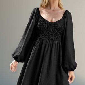 Double Take Texture Smocked Balloon Sleeve Mini Dress